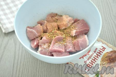 Кусочки мяса солим, приправляем любимыми специями (в качестве специй я добавила 1 чайную ложку приправы для свинины).