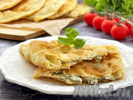 Аппетитные, очень вкусные, ароматные чебуреки с нежной начинкой из творога и зеленью к столу подать горячими.