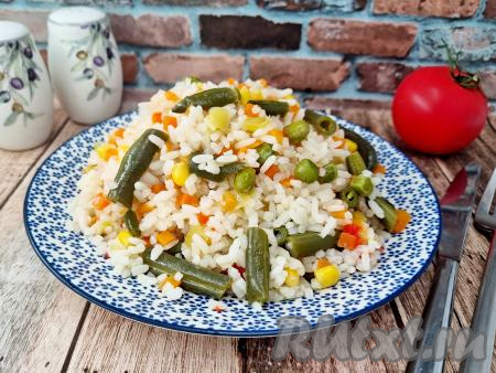 Рассыпчатый рис с аппетитной мексиканской смесью разложить со сковороды по тарелкам и в горячем виде подать сытное, насыщенное, вкусное блюдо к столу.