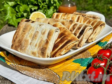 Затем конвертики из лаваша с нежной, сочной начинкой из помидоров и сыра убрать с мангала, переложить с решётки на тарелку и с пылу с жару подать закуску к столу.