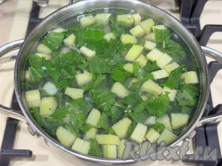 Довести суп до кипения, посолить по вкусу и варить 5-6 минут на минимальном огне. Затем снять кастрюлю с огня и дать супу настояться под крышкой минут 15.