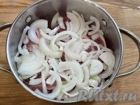 Лук почистить, нарезать на полукольца и выложить поверх мяса.&nbsp;