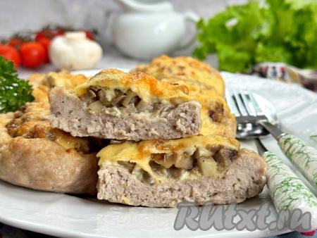 Гнёзда, приготовленные из мясного фарша с нежной начинкой из грибов под аппетитной шапочкой из сыра, разложить из чаши аэрогриля по тарелкам и в горячем виде, дополнив гарниром, подать к столу.