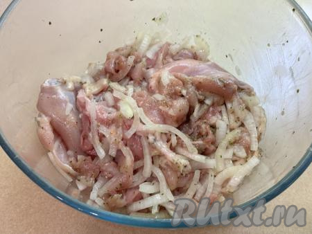 Лук очистить, нарезать на тонкие полукольца, добавить к мясу. Тщательно перемешать мясо курицы с луком, солью и специями. Старайтесь хорошо мять лук, чтобы из него выделился сок. Луковый сок хорошо размягчает мясо, делает его более мягким и сочным. Оставить мясо мариноваться с луком на 1 час при комнатной температуре. Можно оставить мариноваться и на более длительное время, но тогда миску с мясом, накрыв крышкой, нужно будет поставить в холодильник.