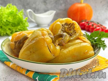 Готовое блюдо достать из духовки. Аппетитные, вкусные перцы, фаршированные баклажанами, вместе с соусом, в котором они запекались, разложить по тарелкам и в горячем виде подать к столу.