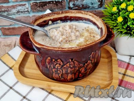 Готовую овсяную кашу достать из духовки, перемешать её прямо в горшочке, а затем разложить по тарелкам и в горячем виде подать к столу. Овсянка получается нежной, хорошо пропаренной, насыщенной, она прямо тает во рту!