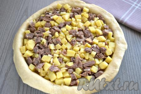 По прошествии 20 минут охладившееся песочное тесто достаём из холодильника, делим на 2 неравных части. Большую часть теста на присыпанной мукой поверхности раскатываем в круглый пласт толщиной примерно 3-4 миллиметра.&nbsp;Тесто раскатываем так, чтобы в дальнейшем края его свисали с краёв формы для выпечки. Выкладываем раскатанное тесто в форму для выпечки с небольшими бортиками так, чтобы его края свисали с краёв формы (я взяла форму диаметром 21 сантиметр).&nbsp;На тесто равномерно выкладываем начинку из картошки и говядины.