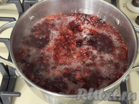 Довести компот из клюквы до кипения, уменьшить огонь, проварить на небольшом огне 4-5 минут.