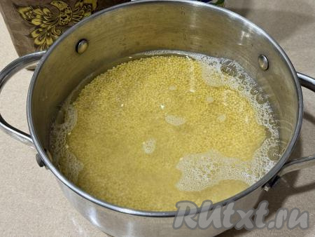 Переложить промытое пшено в кастрюлю, влить 600 миллилитров холодной воды, добавить соль, перемешать. Я готовила карельские калитки с несладкой начинкой, если вы хотите сделать эту выпечку со сладкой начинкой, тогда вместо соли добавьте сахар по вкусу.