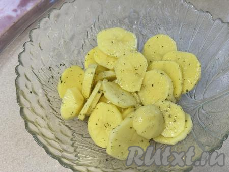 Перемешать кружочки картофеля, равномерно покрывая маслом, солью и специями со всех сторон.
