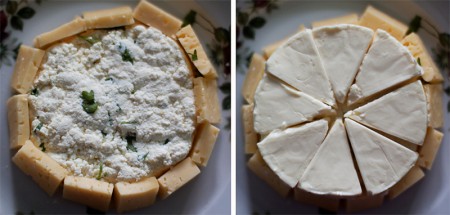 По краям творожного коржа выложите нарезанный тонкими ломтиками Российский сыр. Сверху положите ломтики сыра Маасдам, сделав таким образов крышку.