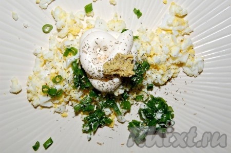 Для закуски № 2 режем мелкими колечками зеленый лук, измельчаем вилкой яйцо вкрутую, заправляем майонезом со сметаной, можно добавить немного горчицы. Солим по вкусу.