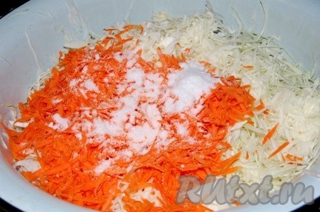 В таз с  партией нашинкованной капусты добавить горсточку моркови и горсточку соли.