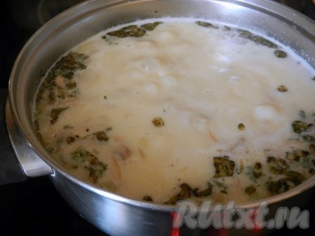 В сырный суп из плавленного сыра с курицей и грибами добавить специи, если нужно, досолить. Довести до кипения и убрать с огня.
