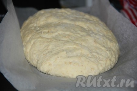 Из подошедшего теста формируем хлеб и выкладываем на противень, застеленный бумагой для выпечки. Оставляем для расстойки на 40-60 минут в тёплом месте без сквозняков. Перед выпечкой делаем надрезы на нашем хлебе. По желанию, можно посыпать овсяными хлопьями.
