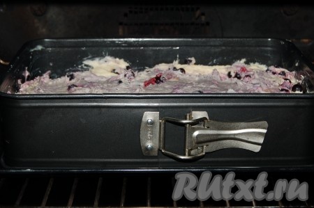 Вылить в форму тесто с замороженными ягодами и отправить пирог в заранее нагретую до 180 градусов духовку примерно на 40-50 минут.
