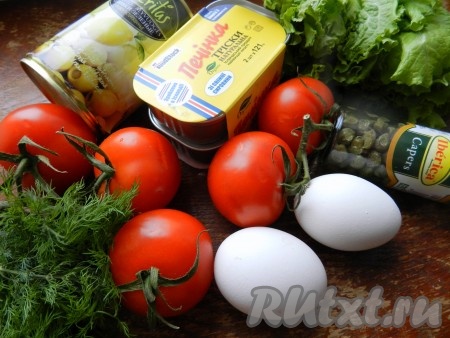Ингредиенты для приготовления салата из печени трески в помидорах