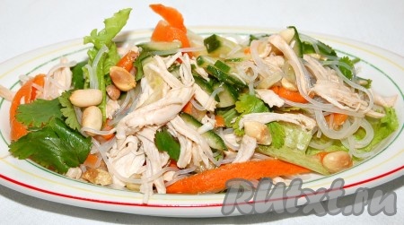 Заправку вылить в салат, перемешать, дать вьетнамскому салату с курицей настояться 10 минут и можно раскладывать по тарелкам. Каждую порцию сверху посыпать арахисом.
