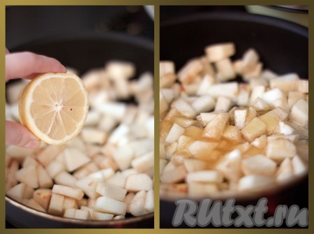 Уложите яблоки в сковороду, добавьте лимон и мед. Тушите до мягкости на среднем огне, затем отставьте остужаться.
