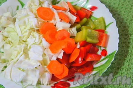 Капусту, морковь и перец нарезать произвольным образом, пассировать овощи в течение 2-3 минут с добавлением небольшого количества растительного масла, соли и смеси перцев.
