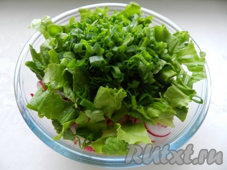Листья салата нарвать руками, добавить в салатник. Сюда же выложить нарезанный зелёный лук. Посолить и поперчить овощной салат по вкусу.