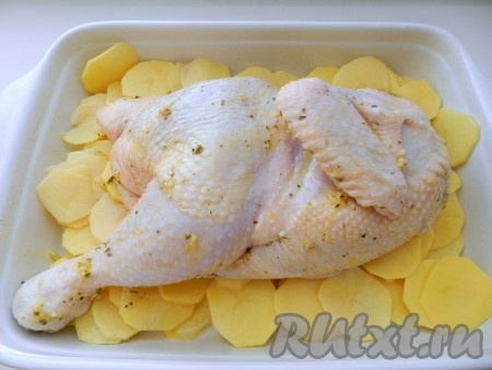 Форму для запекания немного смазать маслом, выложить картофель, посолить его, сверху положить половинку курицы и отправить форму запекаться в духовку на 1 час при температуре 200 градусов.
