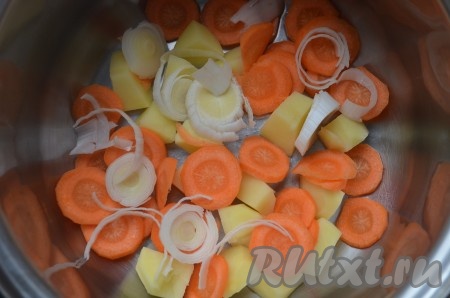 Картофель нарезать кубиками, морковь и лук-порей - тонкими кольцами. Залить 1 литром воды, довести до кипения, варить на небольшом огне 15 минут.