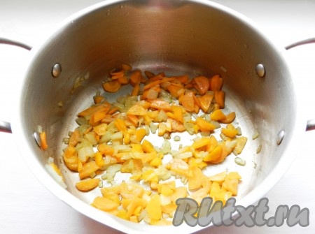 В кастрюле с толстым дном разогреть растительное масло и обжарить лук и морковь до прозрачности.