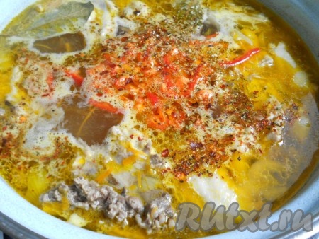 Сладкий болгарский перец нарезать соломкой и добавить в суп вместе с лавровым листом, черным молотым перцем и специями. Кипятить 10 минут.