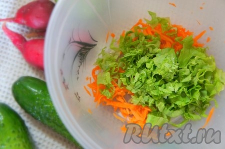 Огурцы и редиску вымыть, отрезать кончики у этих овощей с двух сторон. Удалить плодоножку с семенами из болгарского перца. Морковь очистить, натереть на крупной тёрке, выложить в миску. Листья салата вымыть, обсушить, нарвать руками (или нарезать), выложить в миску с морковкой.