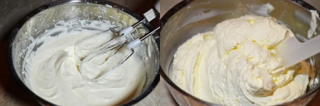 Для приготовления крема необходимо взбить сливки, ванильную эссенцию и сахар до мягких пиков, затем добавить маскарпоне и осторожно перемешать лопаткой, не взбивать!
