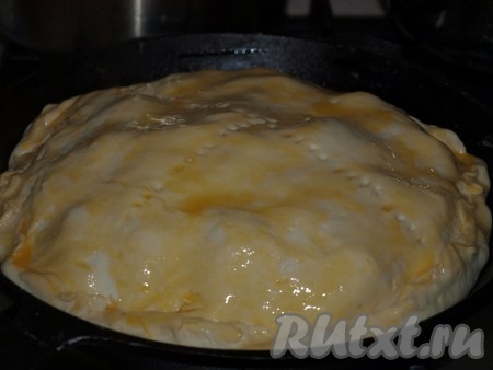 Оставшееся тесто раскатать, накрыть пирог, защипнуть края. Наколоть поверхность итальянского мясного пирога вилкой, смазать желтком. Выпекать 50-55 минут.
