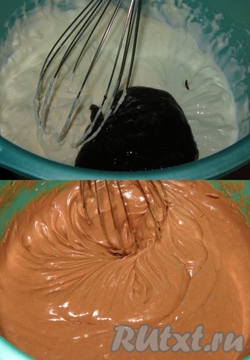 Сливки слегка взбить миксером, затем добавить растопленный шоколад, все взбить до однородной консистенции и цвета, крем убрать в холодильник.

