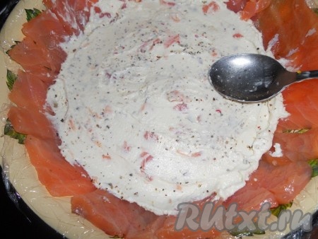 Полученный мусс из семги и сыра выложить в тарелку со слайсами из рыбы и аккуратно разровнять.
