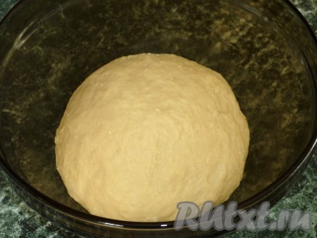 Добавить частями муку и замесить тесто. Поместить тесто в миску, смазанную растительным маслом, накрыть полотенцем и поставить в тёплое место на 1 час.
