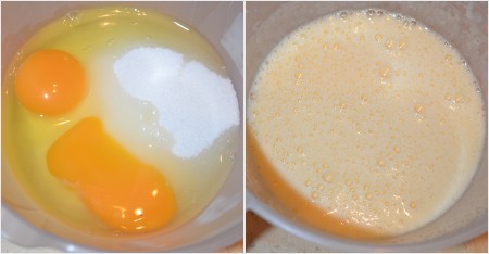 Яйца взбить с сахаром и ванилином в течение 7 минут.