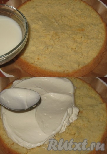 Собрать торт: первый корж пропитать любым сиропом (у меня разведенное кипятком сгущенное молоко), покрыть толстым слоем крема.
