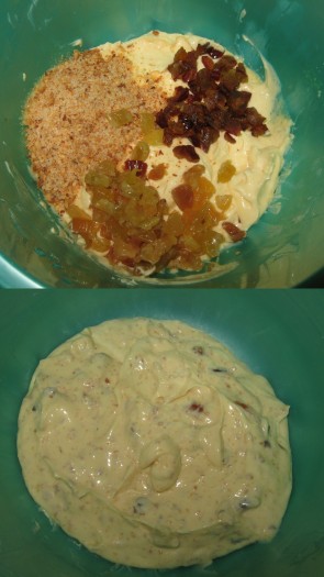 Затем к массе добавить подготовленные сухофрукты, цедру лимона и орехи, перемешать.
