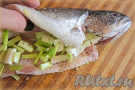 Рыбу нафаршировать зеленым луком, посыпать сверху и изнутри солью и специями (сушеный укроп, петрушка, сушеный чеснок, перец).
