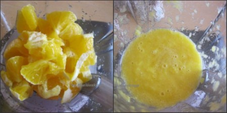 Приготовление апельсинового крема:

С одного апельсина снять цедру. Апельсины почистить, разрезать, очистить от косточек, и перемолоть в блендере в пюре.