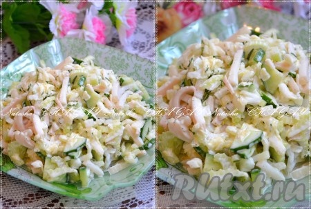 Выложить в салатник, немного охладить и можно подавать вкусный салат с кальмарами и китайской капустой к столу.
