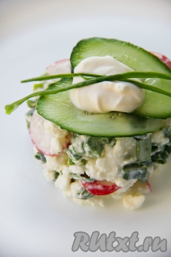 Перемешать и подавать к столу вкусный, полезный салат с творогом и зеленью. По желанию редис можно заменить огурцом или использовать два ингредиента вместе.
