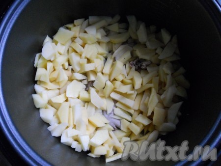 Далее добавить порезанный небольшими кусочками картофель. Влить горячую воду, добавить соль и выставить режим "Тушение" на 1 час.
