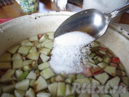 Выкладываем ревень и яблоки в кастрюлю и заливаем 5-ю стаканами холодной воды. Добавляем сахар.