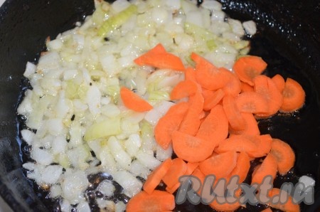 Лук порезать кубиком, морковь - произвольно. Обжарить лук 2 минуты, добавить морковь, потушить 5 минут.
