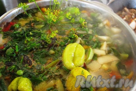 Готовый суп приправить ароматной зеленью. Я не добавляю в такой суп из свежих овощей никаких готовых сушёных приправ - мне всегда жалко перебивать его натуральный вкус.
