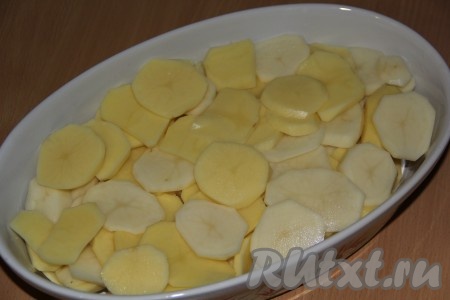 На дно жаропрочной формы выложить картофель, нарезанный тонкими кружочками. Немного посолить и добавить 100 мл воды. 