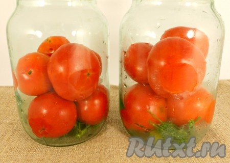 На дно чистых и сухих банок поместить по веточке укропа и петрушки. Заполнить банки до половины помидорами.