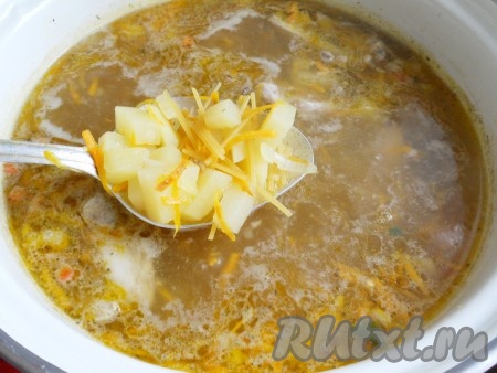 В суп добавить мелкую вермишель, специи, лавровый лист и порезанный кусочками чеснок.