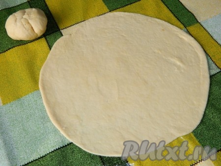 Разделить тесто на 2 неравные части. Большую часть раскатать в круг и переложить на бумагу для выпечки или в форму.
